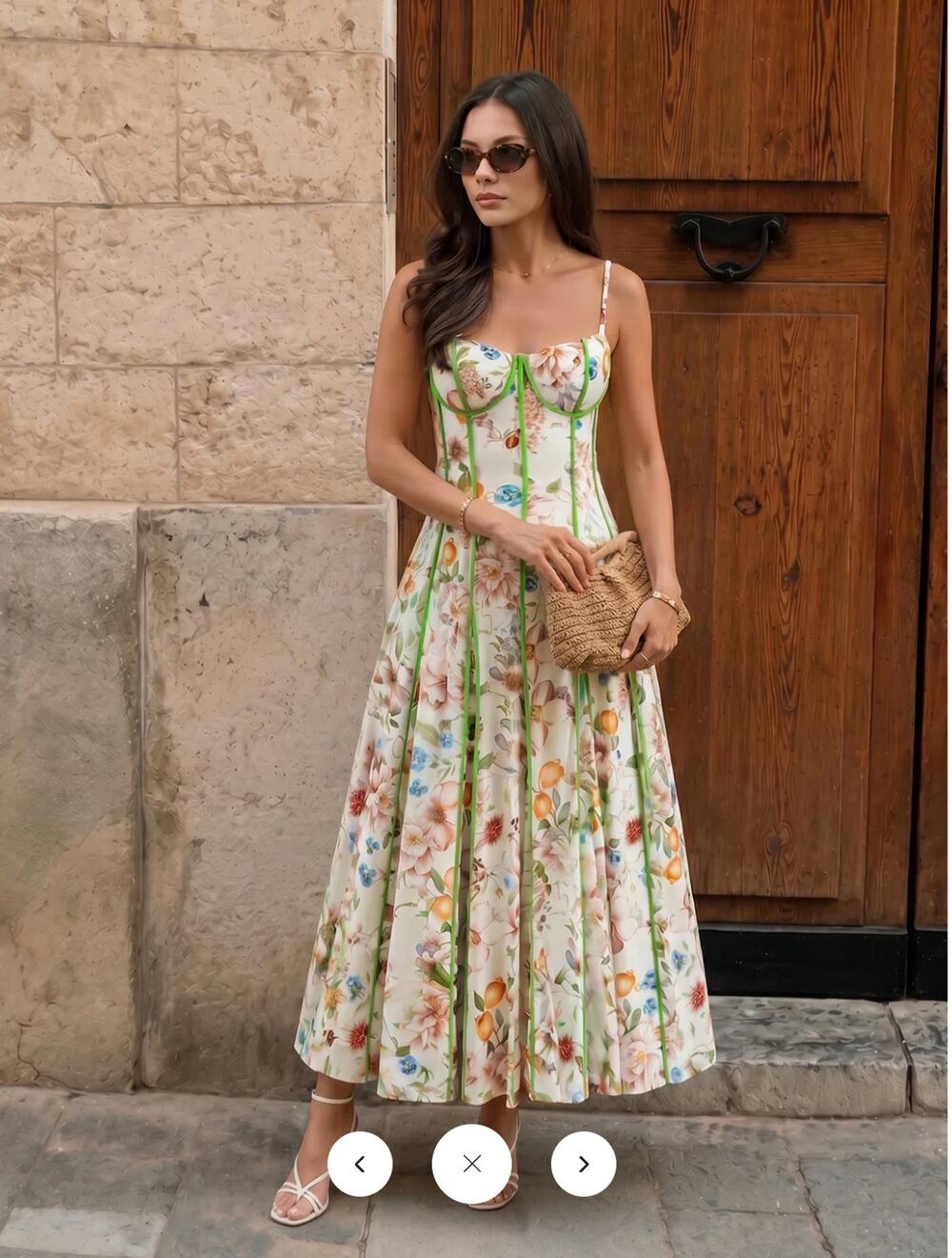 Commense Cream Floral Corset Midi Dress with Green Trim